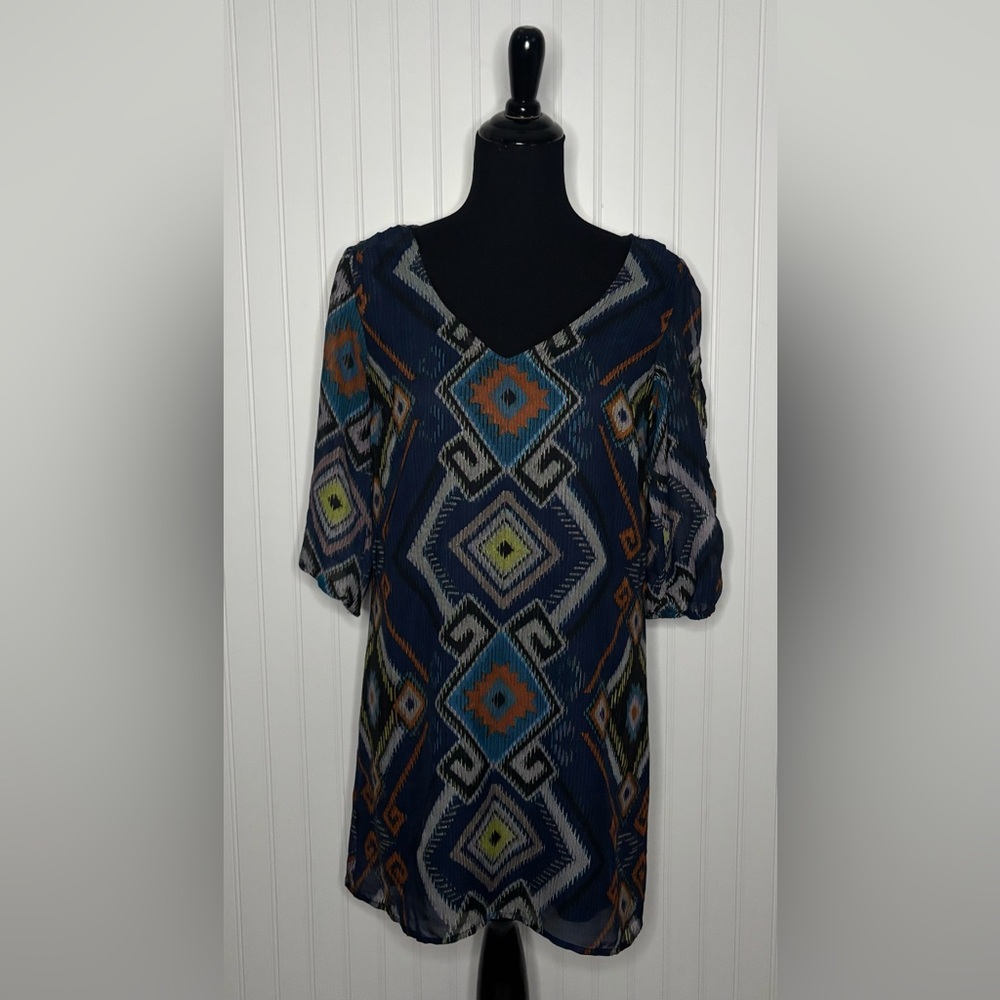 BeBop Geometric Short Dress Womens Size Small 3/4 Sleeve Boho Blue